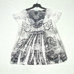 ONE WORLD Boho Tunic Top Women's 2X Black White Abstract Print Stretch Sequins
